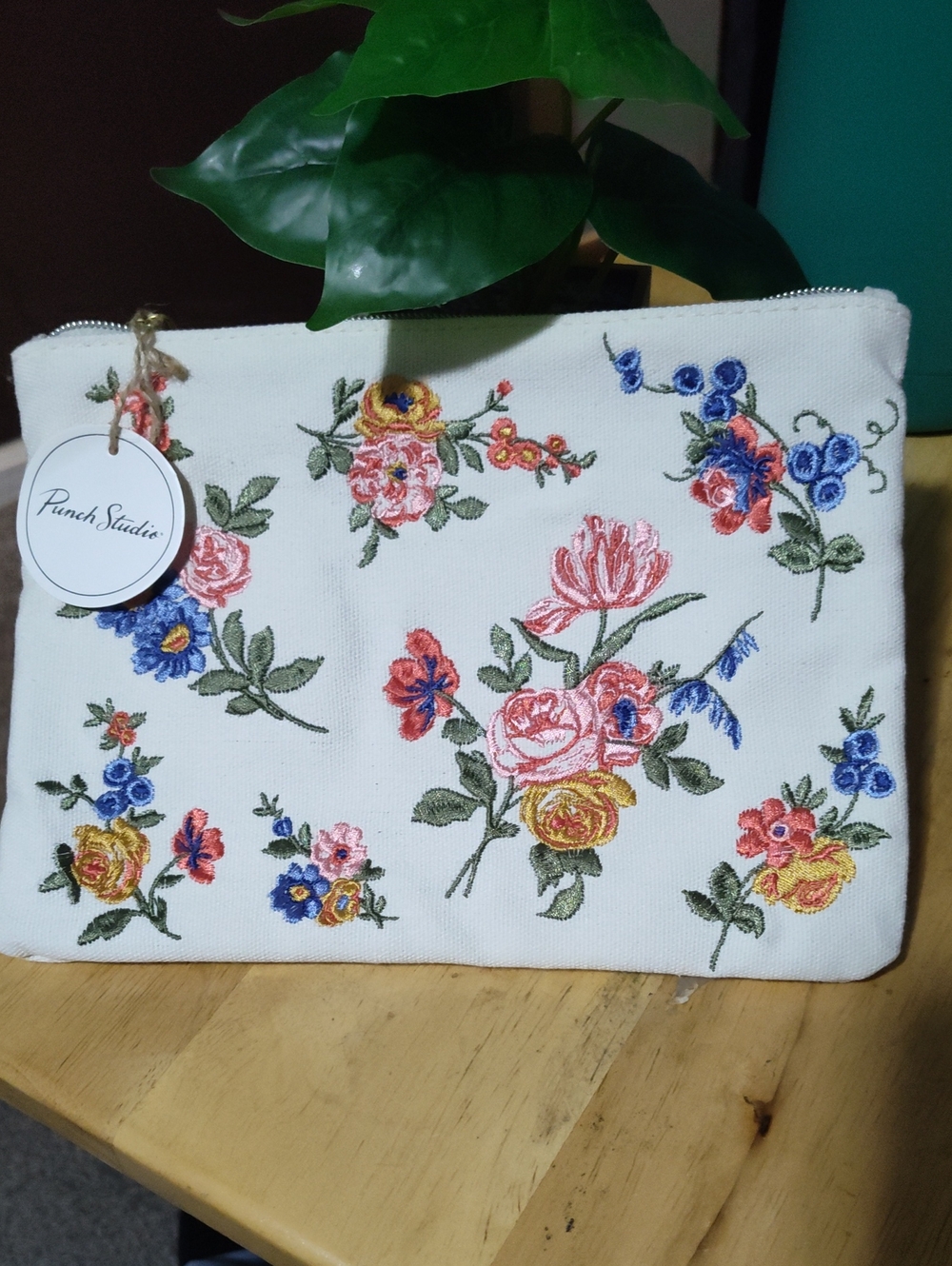 Punch Studio Floral Embroidered White Canvas Clutch
